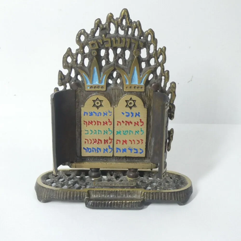 Jewish Brass & Enamel 10 Commandments Statue Vintage Judaica